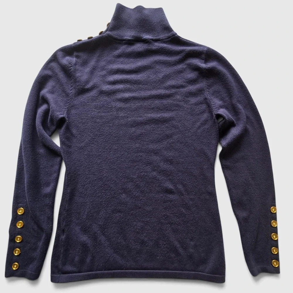 Cielo Navy Blue Turtleneck Sweater Gold Button Detail Soft Knit Womens S Preppy